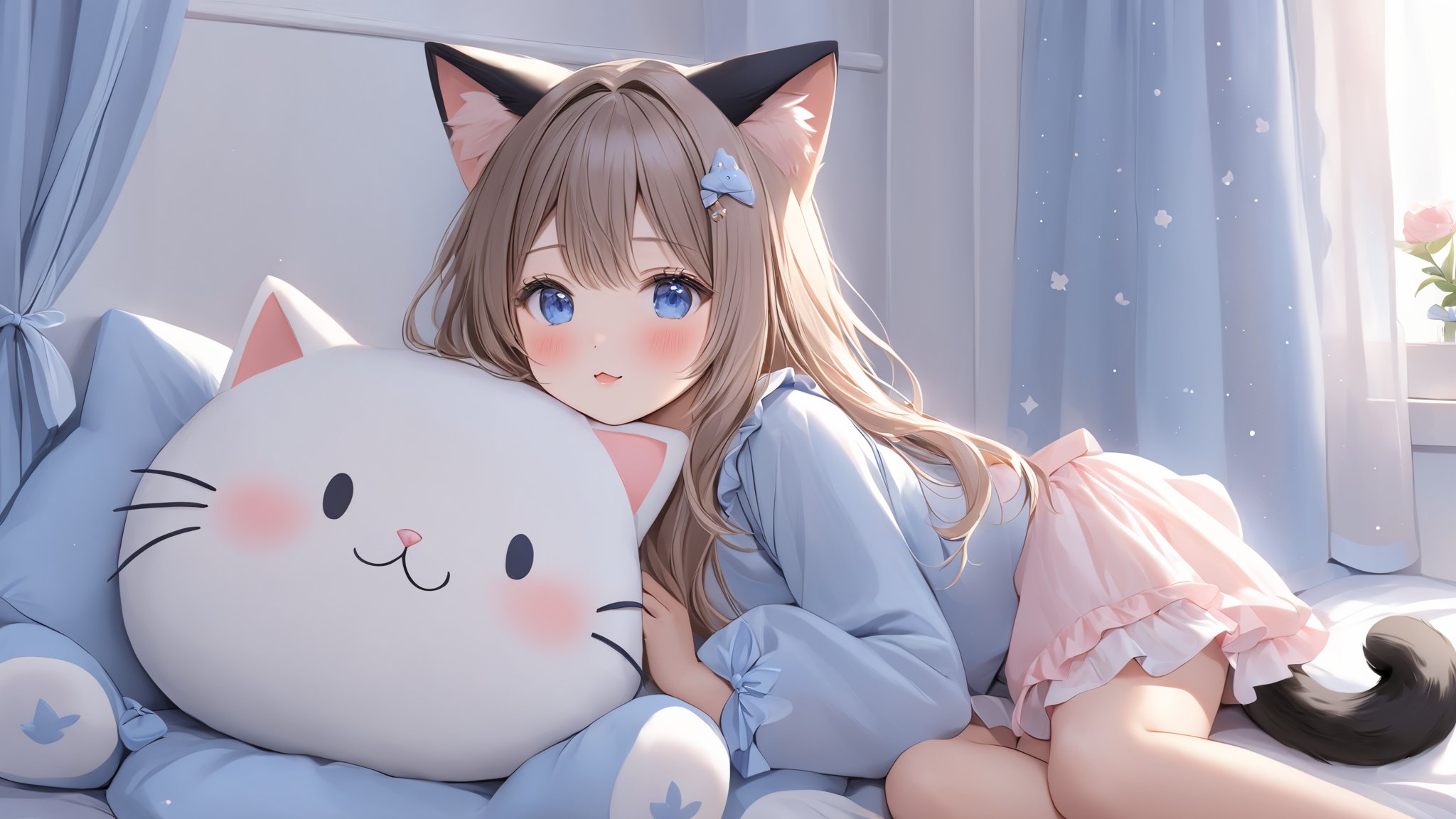 1girl, animal ears, bloomers, blue eyes, blush, cat ears, cat girl, cat tail, curtains, hair ornament, long hair, pillow, sleeves past wrists, stuffed animal, stuffed cat, stuffed toy, tail, underwear