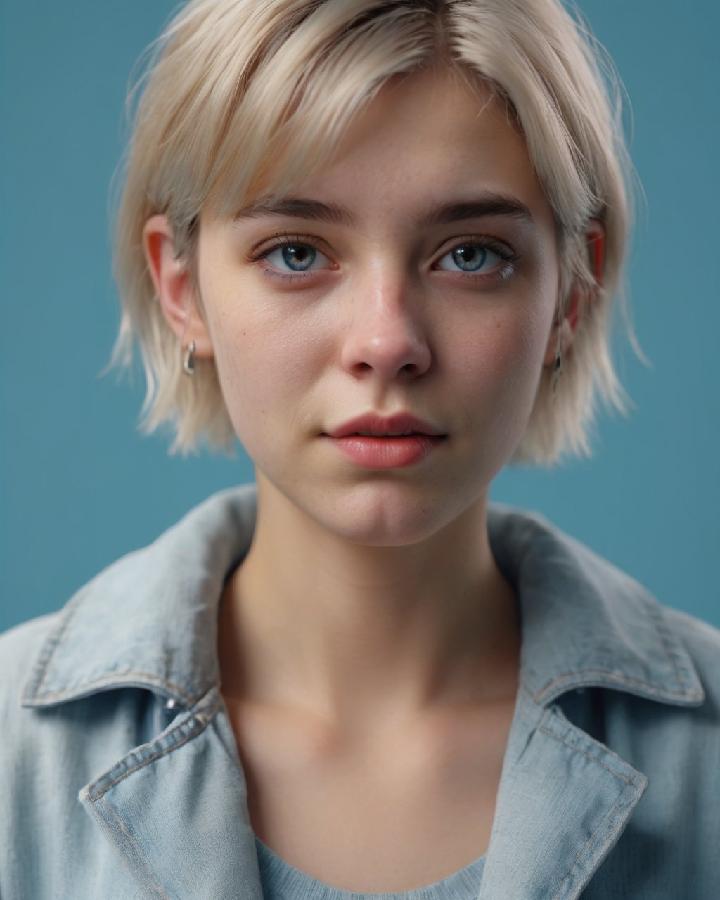 portrait of a teen girl, 18 years old, shy, introvert, short straight blonde hair, light blue background, loose outfit, high resolution, photorealistic, photo, realism, sharp photography, a photograph of, maximum detail, sharp focus, intricate details, ultra - realistic, cinematic lighting, volumetric lighting, photography, beautiful details, cinematic lighting, render, 8k, Portra 800 medium format film, 105mm SMC Takumar, 3200 dpi scan, mist, octane render, unreal engine, 8k, photorealistic, digital, detailed, extra fine details, award photo quality, photorealism, 8k, uhd, unreal engine, octane, highly realistic resolution uhd 8k octane,  <lora:detamodel3:1>