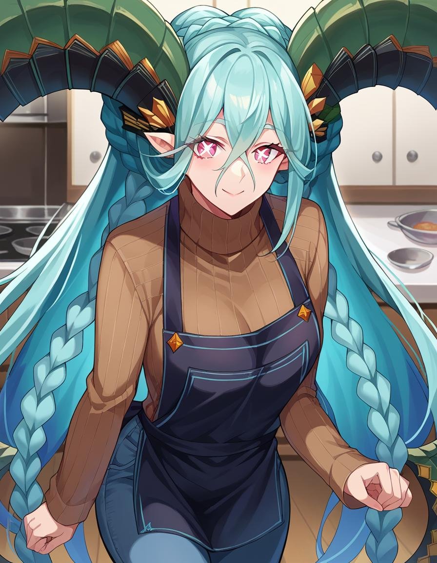 score_9, score_8_up, score_7_up, source_anime,fatetiamat, <lora:fate-tiamat-ponyxl-lora-nochekaiser:1>,tiamat, absurdly long hair, aqua hair, braid, curled horns, gradient hair, horns, long horns, multicolored hair, pink eyes, pointy ears, symbol-shaped pupils, twin braids, x-shaped pupils,apron, black apron, brown sweater, ribbed sweater, sweater, turtleneck, turtleneck sweater, pants, denim,indoors, kitchen, smile,looking at viewer, cowboy shot, dutch angle,