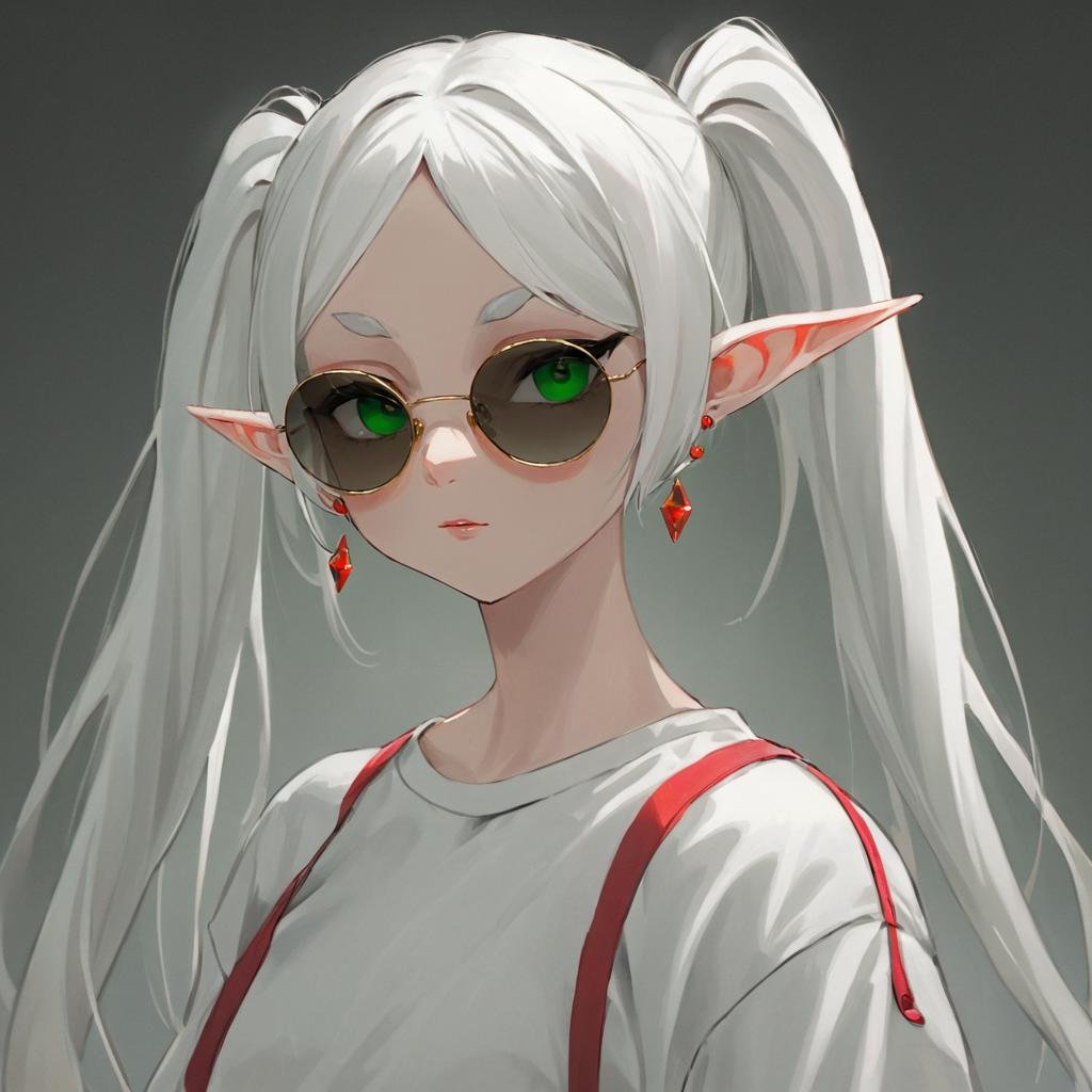 realistic, cinematic, (detailed), (highly detailed),  a elf woman with twintails and red earrings wearing a oversize t-shirt and sunglasses, dressed in modernist style, fashion, frieren, white hair, green eyes, long hair, pointy ears, parted bangs <lora:frieren_dim4-000005:1>