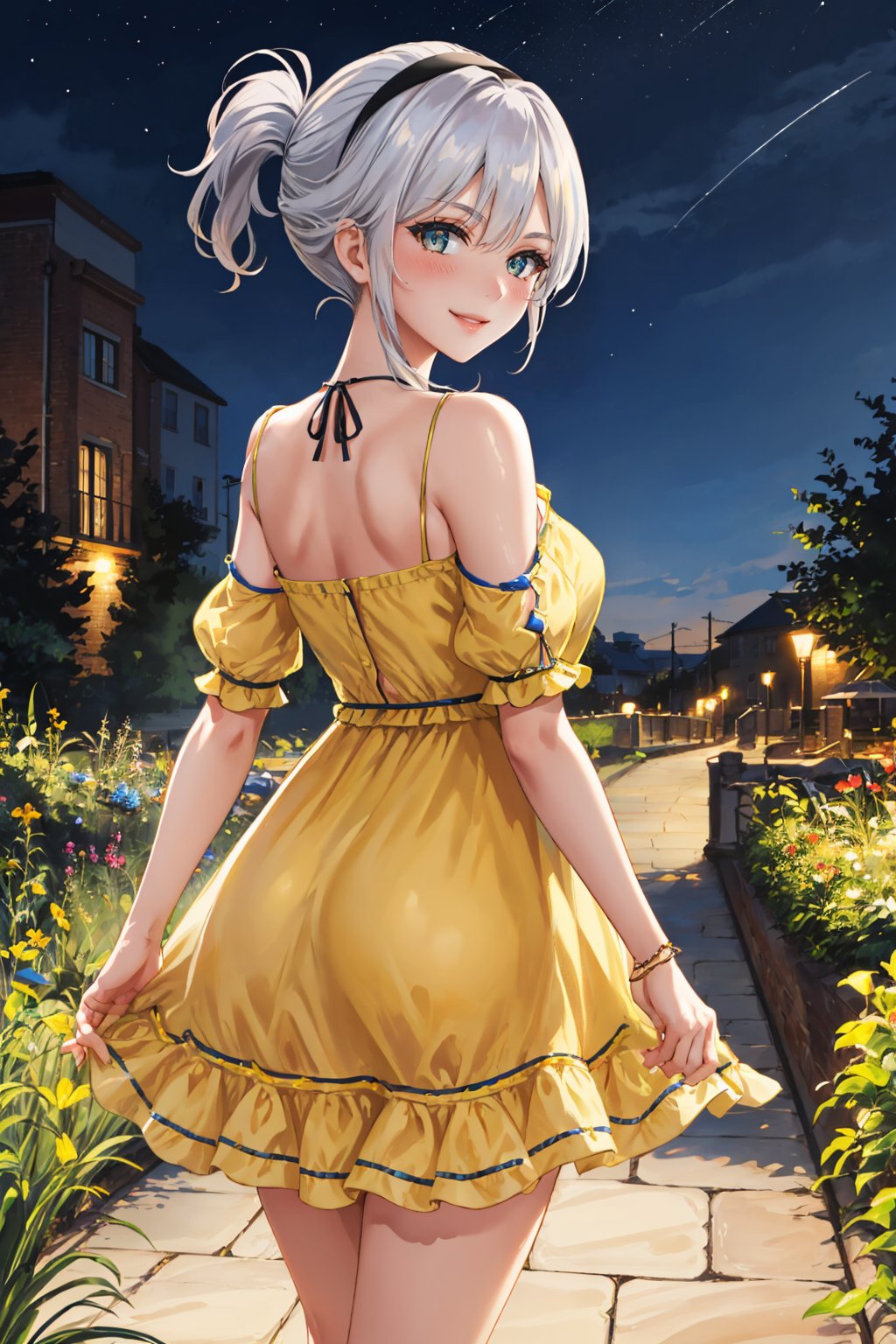 masterpiece, best quality, 1girl,  <lora:adelle-nvwls-v1-000009:1> adelle, short ponytail, white hair, black hairband, (yellow sundress:1.25), from behind, blush, looking at viewer, smile, garden, night sky  <lora:edgChamYellowSundress:0.4> edgYSD,woman wearing a yellow sundress