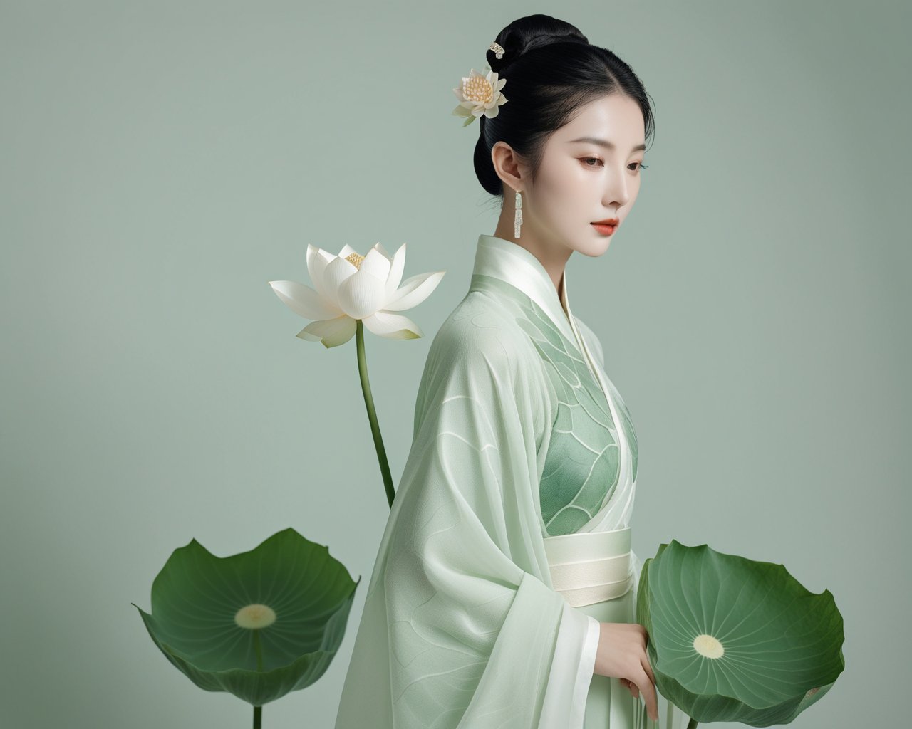 Minimalist style Ancient Chinese Beauty, wearing Hanfu, standing by one enormous lotus leave with intricate patterns, median transparent/translucent lotus leave, soft glow, in the style of Albert Watson, minimalism, light emerald and white, simple white background, surrealist, feminine sensibilities . Simple, clean, uncluttered, modern, elegant