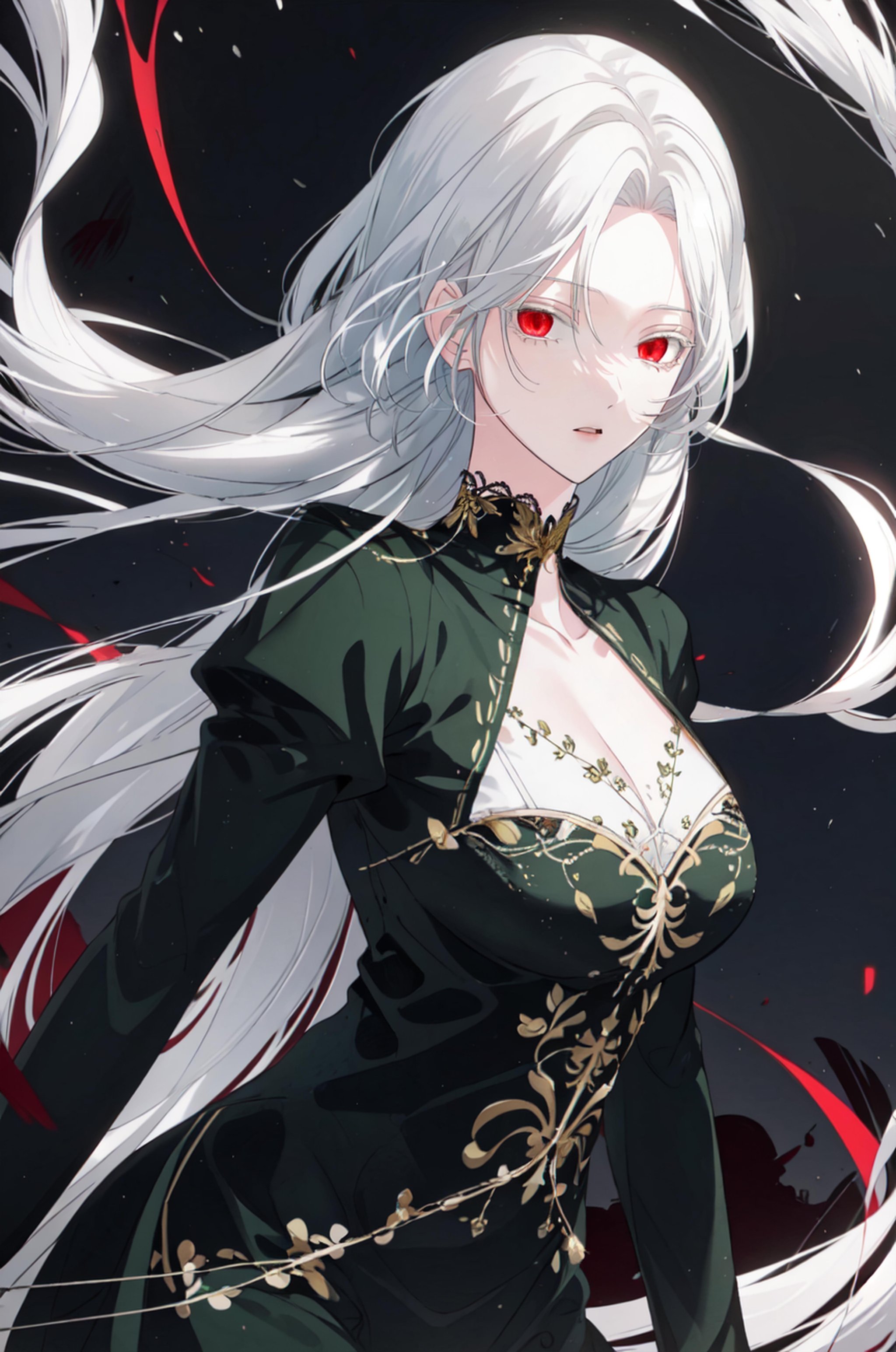 masterpiece, (best quality), 1girl , white hair, Raviel, red eyes, <lora:RavielIvansia:0.7>, dynamic pose, green outfit