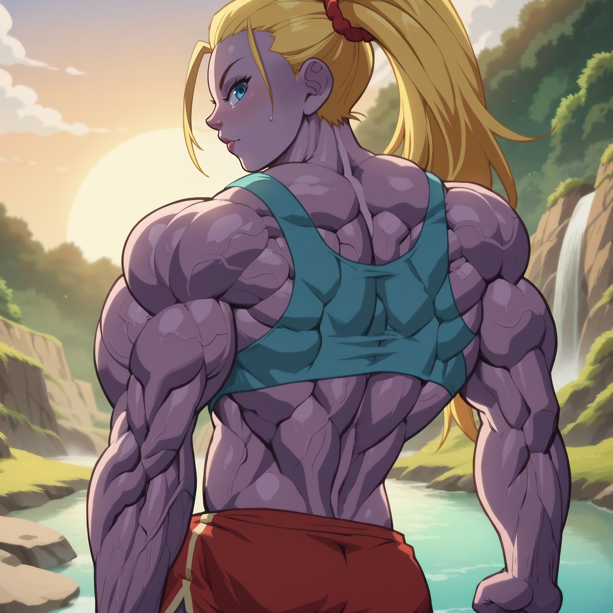 score_9, score_8_up, score_7_up, score_6_up, score_5_up, score_4_up BREAK pokkuti, anime screencap, muscular, 1girl, solo, looking at viewer, kusazuri, Purple skin, twist-out, Grey, blue eyes, outdoors, day, sunset, <lora:PokkutiPDXL32.0.9tx1:1>