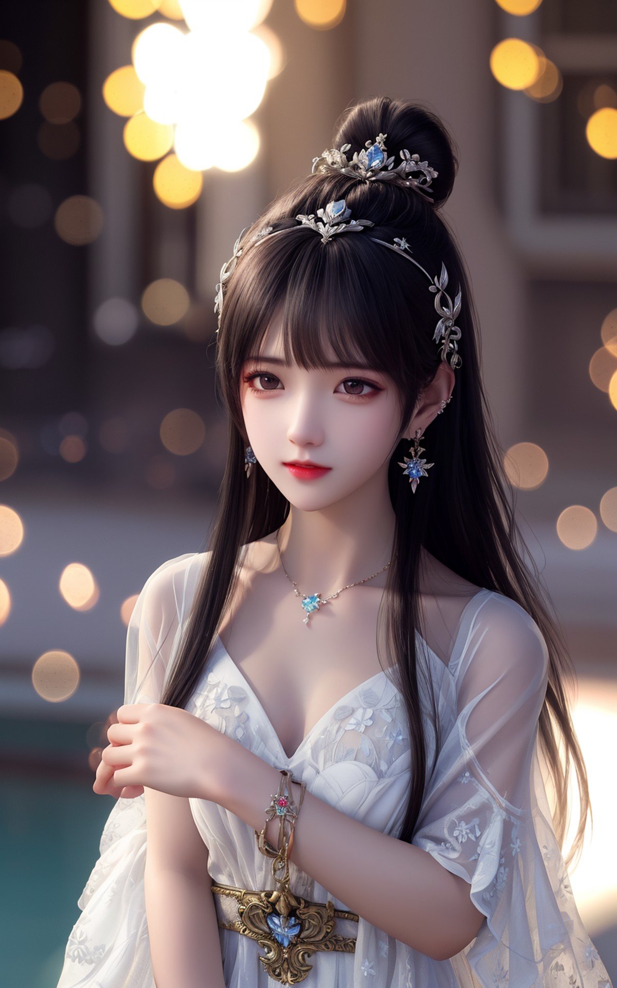 best quality,masterpiece,highres,cg,1girl,weapon,sword,long hair,dress,water,solo,jewelry,white dress,earrings,hair ornament,splashing,upper body,hair bun,black hair,lighting,candid,Photograph,high resolution,4k,8k,Bokeh,