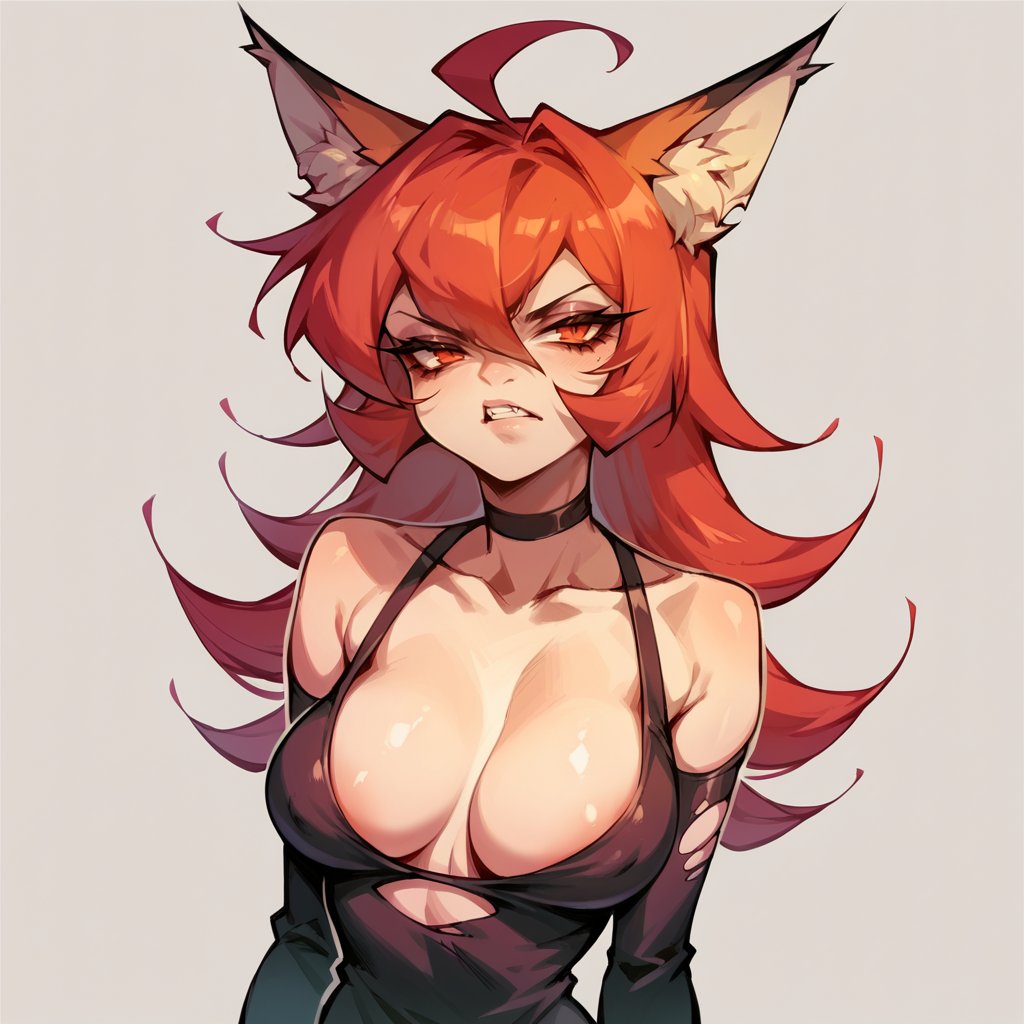 score_9, score_8_up, score_7_up, score_6_up,  <lora:z1mXLP:1> z1m, (invader zim:0.8) 1girl, large breasts, solo, long hair, orange hair, fox ears, cel shading