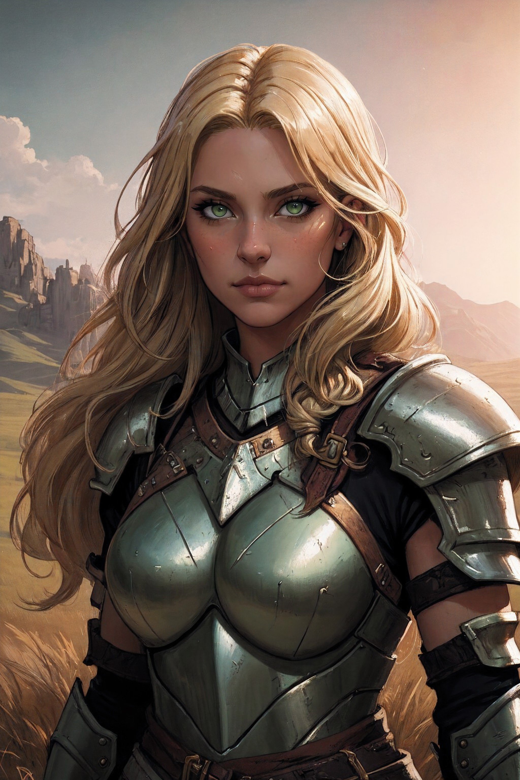 (masterpiece, highest quality, illustration), fantasy, epic, close-up, portrait, solo, woman, warrior, long blonde hair, green eyes, armor, facing the viewer, standing, plains, cinematic lighting