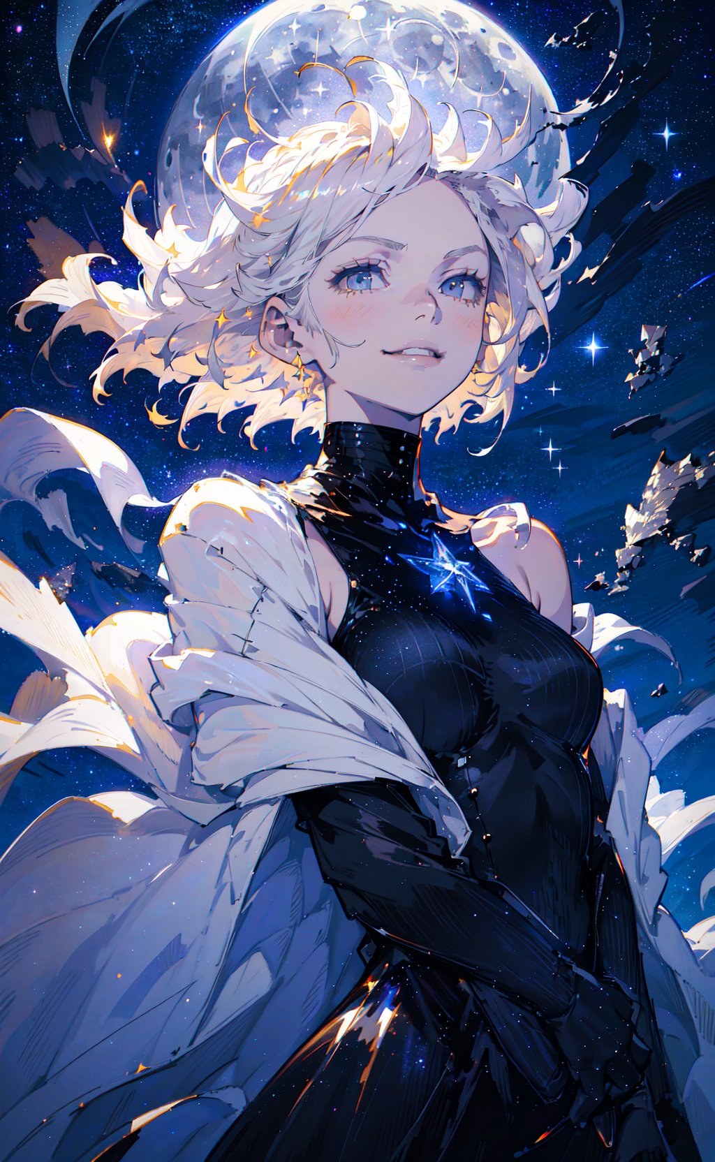 masterpiece, best quality, portrait, 1girl, short hair, platinum blonde hair, turtleneck, open jacket, off shoulder, smug, smirk, elegant, floating hair, dark moody lighting, night sky, night, starry sky, (moon, full moon, glittering, sparkle, light particles:1.2)