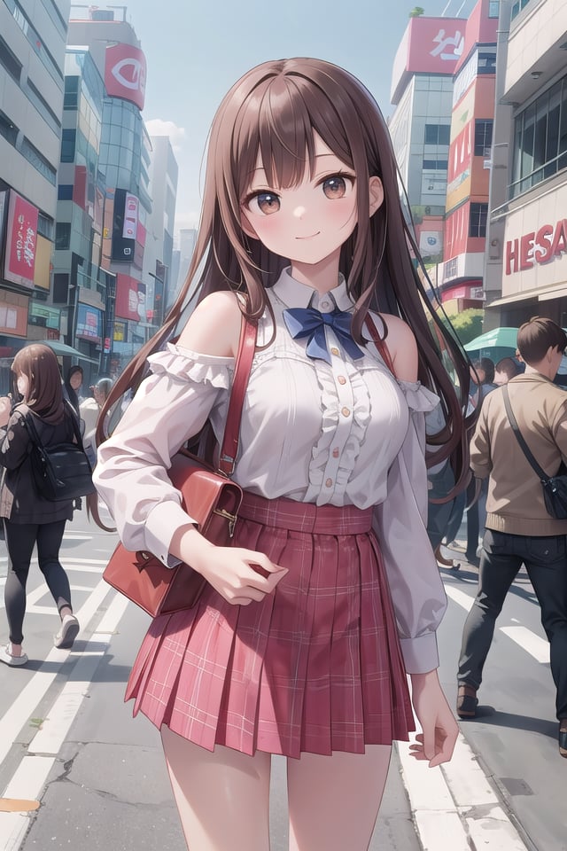 insanely detailed, absurdres, ultra-highres, ultra-detailed, best quality,1girl, solo, nice hands, perfect handsBREAKjirai kei,plaid skirt, shirt, long sleeves, bow, blue skirt, white shoulder frilly shirt, outdoors, blue bow, long hairBREAKhappy smile, laugh, closed mouth, standing,cute pose, cowboy shotBREAKslender, kawaii, perfect symmetrical face, ultra cute girl, ultra cute face, ultra detailed eyes, ultra detailed hair, ultra cute, ultra beautifulBREAKshibuya, akihabara, tokyo, street, crowd, cityscapeBREAKmedium large breasts,(brown hair, brown eyes), hime cut