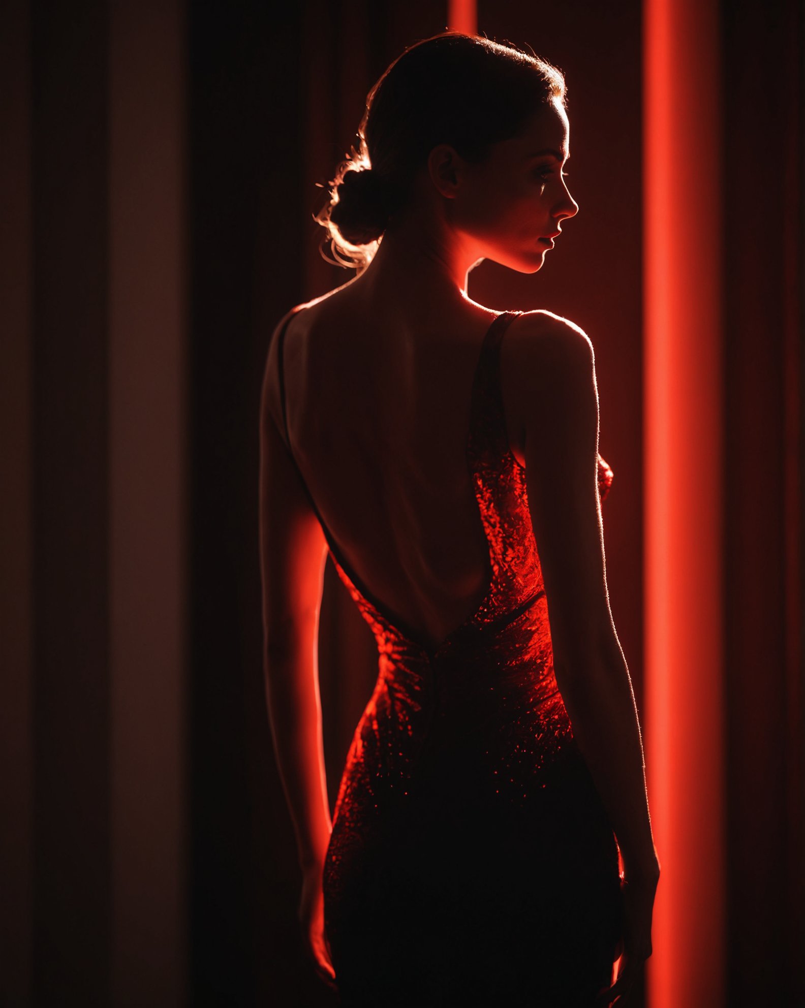 Silhouette Art portrait, breathtaking art drawing portrait, (beautiful charming woman), slender figure, slightly posing, a tight sleek strict dress. bright red backlight illuminates elegant woman's dark dim silhouette, (bright glowing red contour and outline), light only from behind, fully shaded dark dim body, (masterpiece), (realistic), 8k, RAW photo, very wide shot, octane render, unreal engine, volumetrics dtx, (film grain, bokeh, blurry foreground)