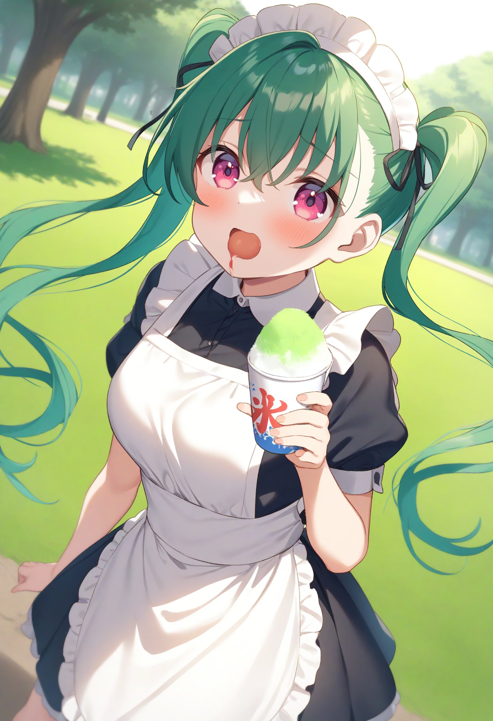 1girl,sincos, ningen mame, toosaka asagi,solo,large breasts,20yo,maid,maid headdress,shaved ice,<lora:shavedice_XL_v1:0.8>holding drinking straw, spoon straw, eating,from behind, fisheye lens, looking ahead, green hair, pink eyes,giggling, centralpark, open mouth, quad tails hair,,best quality, very aesthetic, absurdres