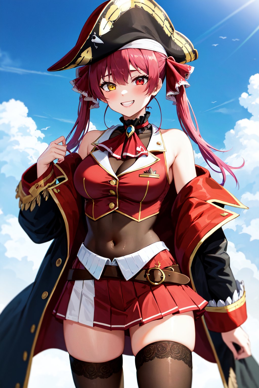 masterpiece, best quality, highres, aamarine, twintails, pirate hat, heterochromia, red ascot, bare shoulders, red shirt, off shoulder, black coat, see-through, covered navel, leotard under clothes, belt, pleated skirt, red skirt, black thighhighs, <lora:houshou_marine_v1:0.7>, standing, cowboy shot, outdoors, blue sky, grin