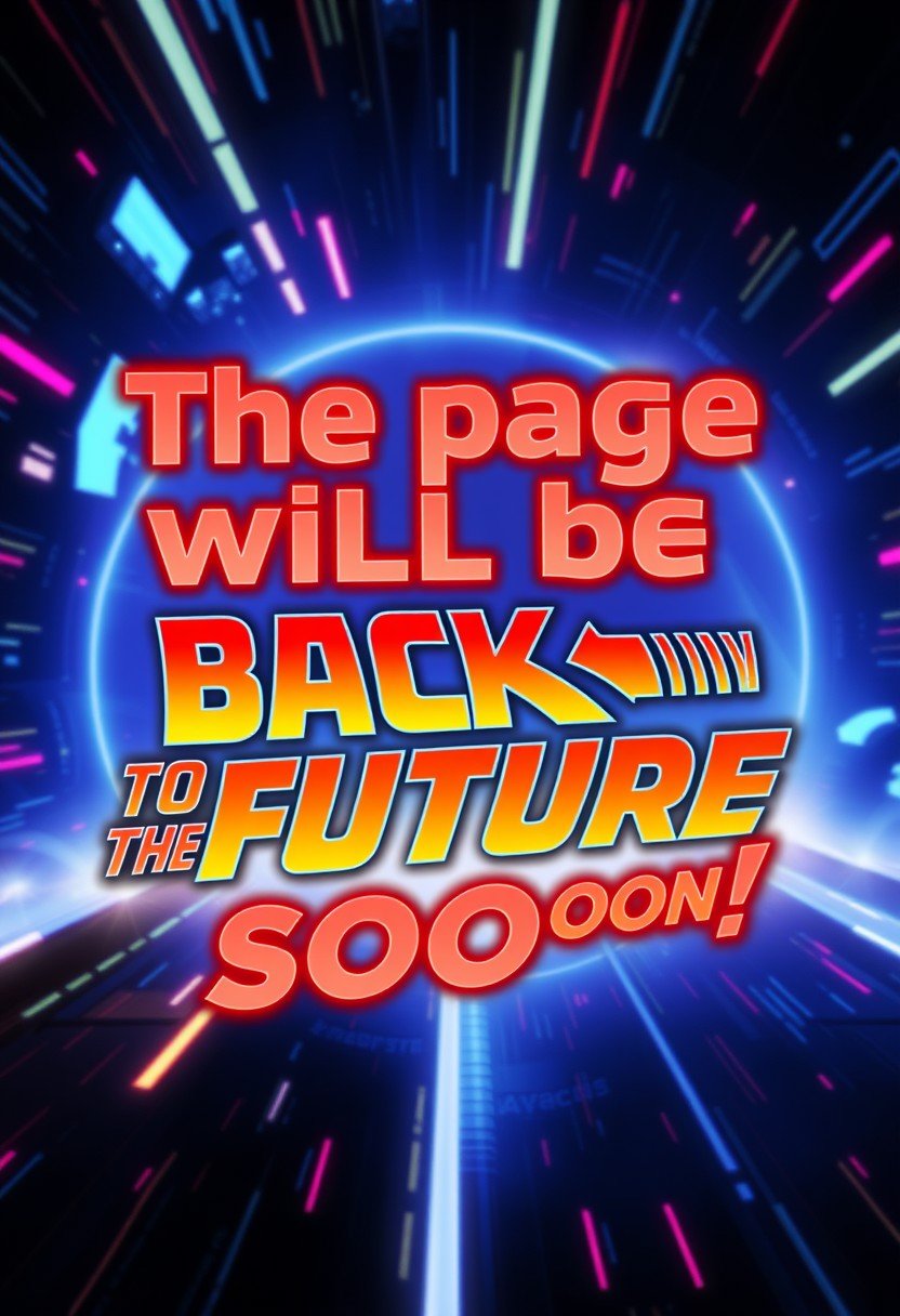 A text-centered image with the phrase: "The page will be back to the future soon!" styled as a movie title in the style of "Back to the Future". Use the classic retro-futuristic font with glowing effects and vibrant colors reminiscent of the film's title design. The text should be prominently displayed with a dynamic, sci-fi background featuring elements like neon lights and digital motifs, evoking the sense of time travel and adventure.Hyper-realistic, 16k resolution, (masterpiece, award winning artwork), many details, extreme detailed, full of details, Wide range of colors, high Dynamic,