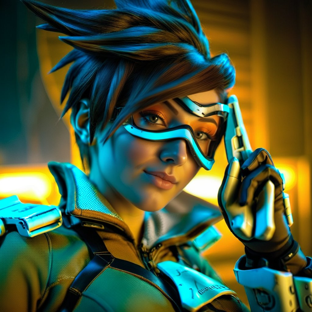 cinematic photo a woman with an orange glassmask holding guns in a futuristic cyberpunk background, neon lights <lora:Tracer1024:0.8> . 35mm photograph, film, bokeh, professional, 4k, highly detailed