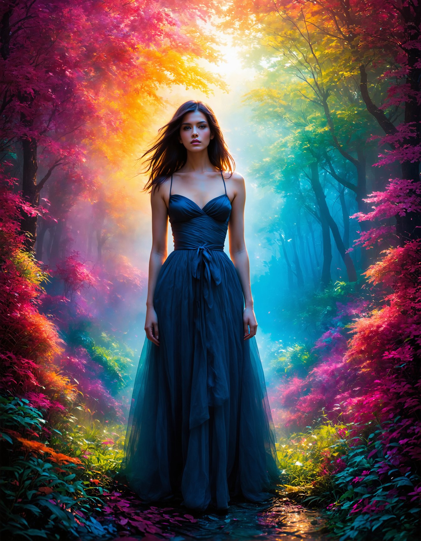 (photography:1.2),  (vibrant and surreal:1.3),  An extraordinary 8K photograph that transports a woman into a surreal,  dreamlike world of vibrant colors and dramatic lighting. She stands amidst a fantastical,  ethereal landscape that complements her finely detailed features,  including her captivating eyes and flawless skin. The background is an otherworldly canvas of vivid,  magical hues,  creating a visually stunning and photorealistic masterpiece that merges the beauty of the subject with a surreal and vibrant environment., Ultimate Realism - High Detail Enhancement.safetensors