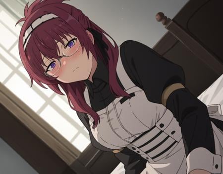 score_9, score_8_up, score_7_up, source_anime,lilyagreyrat, <lora:lilya-greyrat-s1-ponyxl-lora-nochekaiser:1>,lilya greyrat, purple eyes, red hair, glasses,long sleeves, dress, pantyhose, apron, maid, maid headdress, maid apron,indoors, bed, bed room, on side, blush, drunk,looking at viewer, dutch angle, cowboy shot,