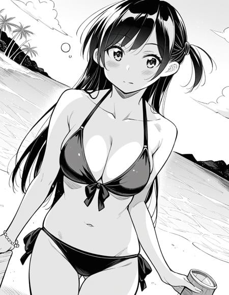 score_9, score_8_up, score_7_up, source_anime,chizuruichinose, <lora:chizuru-ichinose-manga-ponyxl-lora-nochekaiser:1>,chizuru ichinose, long hair, bangs, one side up, greyscale, monochrome,navel, cleavage, collarbone, swimsuit, bikini, side-tie bikini bottom,outdoors, beach, on side, drunk,looking at viewer, dutch angle, cowboy shot, solo,