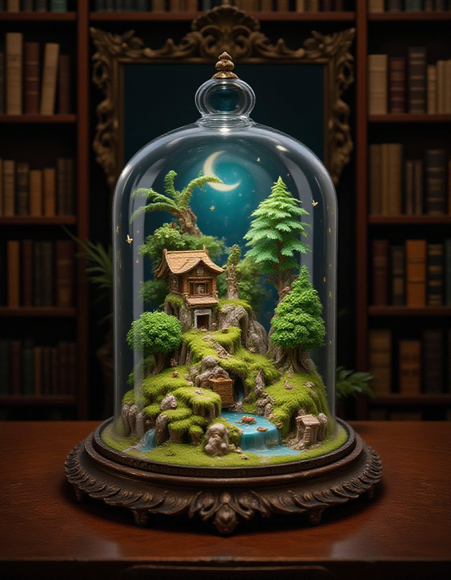 a tiny fairy world with infinitesimal forest and glades and rivers under glass bell jar. A whole society of mini luminescent magical fairies in a jar beautifully detailed and richly complex. Behind the jar is a dark study with handsome wood bookshelves lined with leatherbound books, a potted plant, and an ornately framed baroque mirror with desilvering spots.