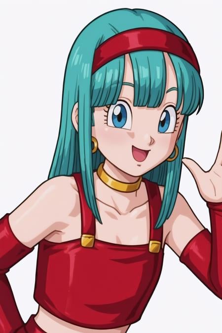 source_anime, score_9, score_8_up, score_7_up, anime screencap,bulla, 1girl, solo, long hair, breasts, looking at viewer, blush, smile, open mouth, bangs, simple background, gloves, collarbone, upper body, :d, aqua hair, white background, ring, blunt bangs, bridal gauntlets, eyelashes, hoop earrings, eyebrows, bare shoulders, waving, red hairband, blue eyes, elbow gloves, red gloves, fingerless gloves, crop top, red crop top, midriff, pointy nose, straight hair, shiny hair, tongue, leaning forward, flat chest, armpits, hair on shoulder, choker, leather <lora:bulla_pony_v1:0.7>
