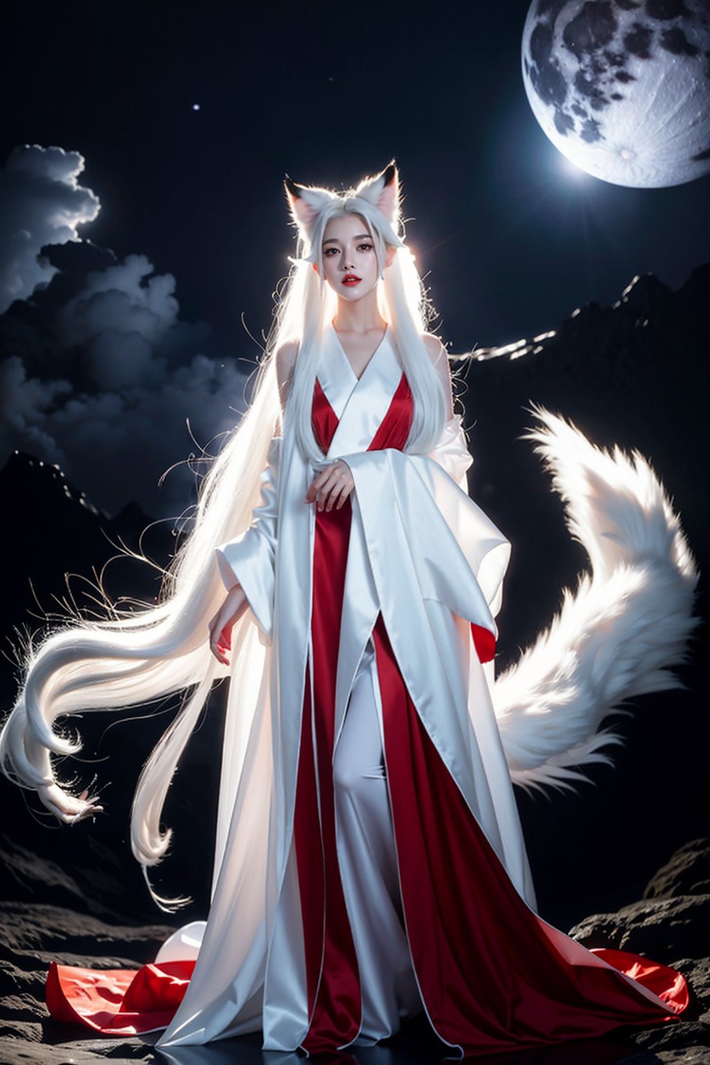 Ultra quality,8k,masterpiece,best quality,1girl,solo,long hair,looking at viewer,long sleeves,animal ears,cloud,night,moon, smoke, fox,standing in cloud,tail,full body,white hair,wide sleeves,fox ears,wind,robe,red lips,white theme, <lora:JAY - WHITE FOX:0.7>