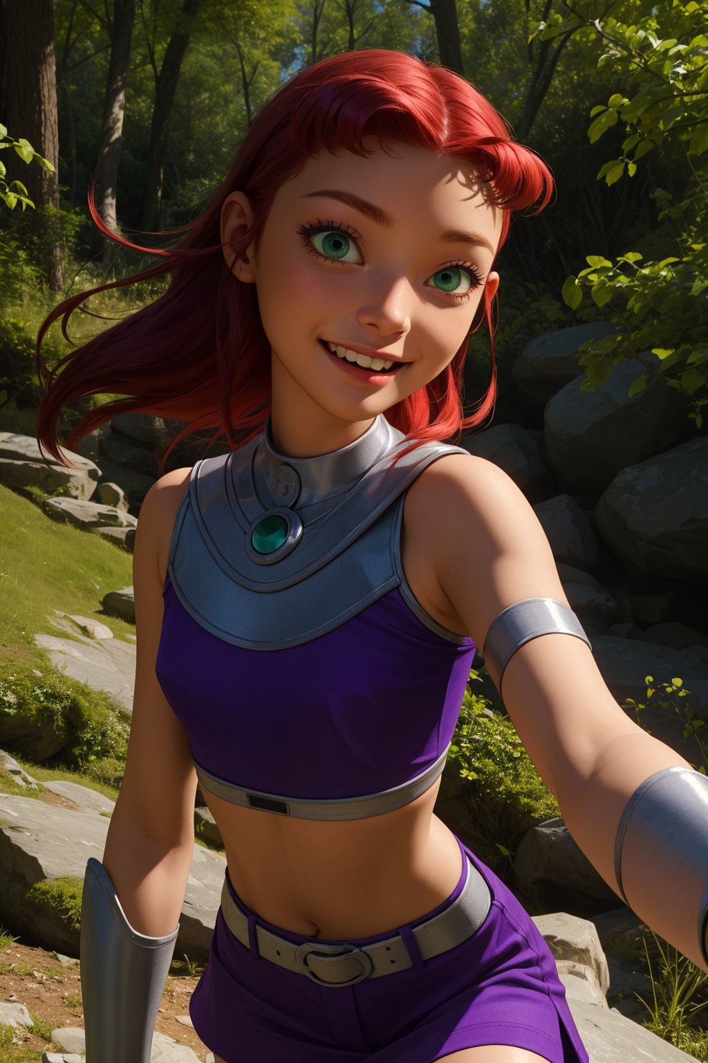 starfire, 1girl, solo, green eyes, long hair, red hair, orange skin, dark skin, dark-skinned female,purple miniskirt, purple crop top, sleeveless, bare shoulders, purple thighhighs, midriff, armlet, gloves, vambraces, smile,closed mouth,cowboy shot,forest,outdoor,(insanely detailed, beautiful detailed face, masterpiece, best quality) cinematic lighting,<lora:Starfire_v3:1>, <lora:more_details:0.3>,