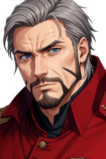 closeup, extremely detailed mature man, square jaw, wide face, thoughtful expression, sharp eyes, long gray hair, facial hair, wearing red combat outfit, posing, white background, best quality, extremely detailed