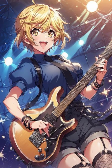 score_9, score_8_up, score_7_up, score_6_up, 1girl, <lora:Tsukimiyama_Nagisa:0.9> nagisa, blonde hair, short hair, yellow eyes, dark blue shirt, puffy short sleeves, black puffy shorts, black tie, garter straps, color lights, club stage, guitar,