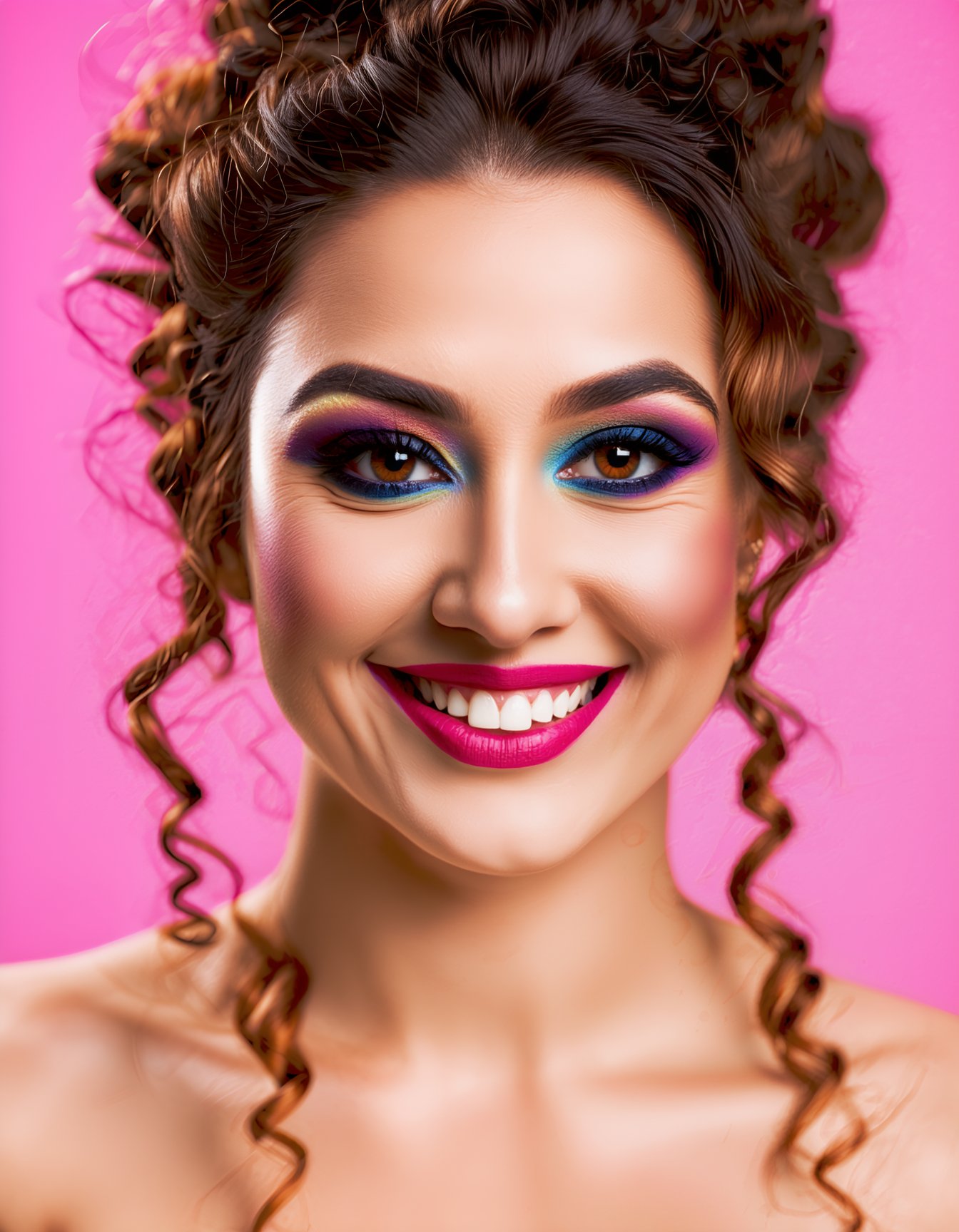 (best quality, 4k, 8k, highres, masterpiece), ultra-detailed, face makeup, cosmetic makeup, woman, looking at viewer, smile, brown hair, brown eyes, teeth, grin, lips, makeup, drill hair, pink background, portrait, lipstick, curly hair, realistic,