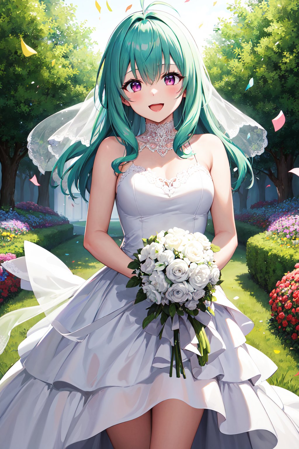 masterpiece, best quality, highres, aarej, solo, long hair, antenna hair, purple eyes, <lora:run_elsie_jewelria_v1:0.7>, wedding dress, white dress, standing, cowboy shot, holding bouquet, smile, open mouth, confetti, garden,