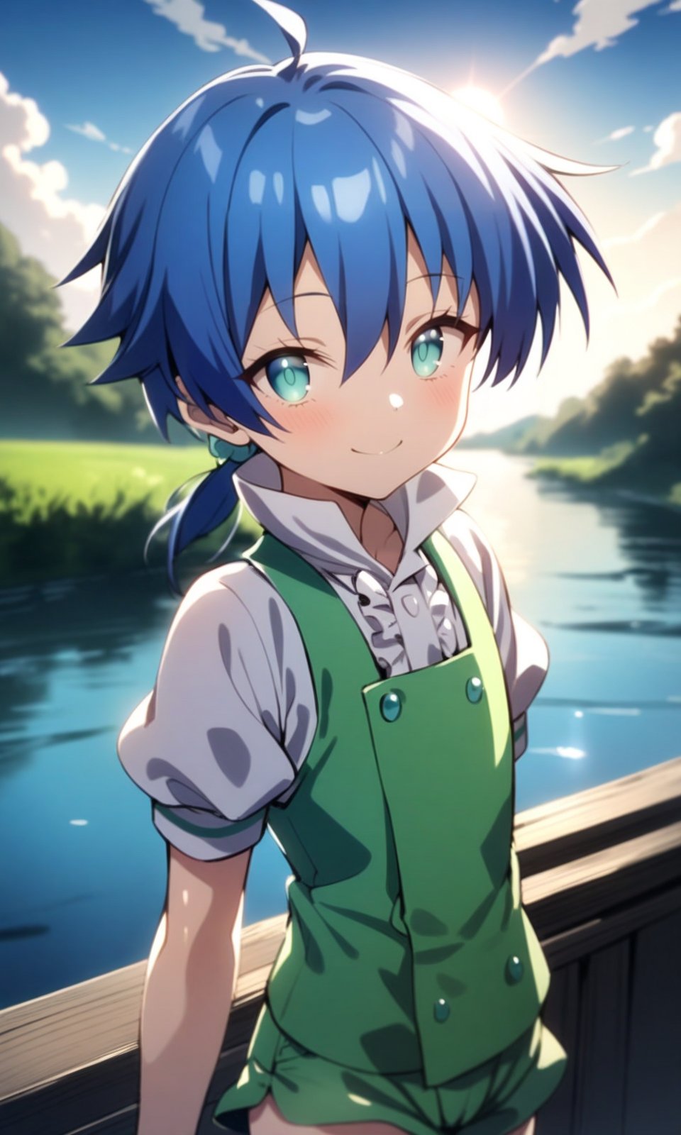 solo, 1boy, lloyd, aqua eyes, blue hair, short hair, low ponytail, shiny hair, shiny skin, green vest, white shirt, puffy short sleeves, green short shorts, looking at viewer, smile, upper body, outdoors, river, sun, cloud, condensation tral, masterpiece, best quality, very aesthetic, absurdres, <lora:LloydDeSaloum_XL:1> 