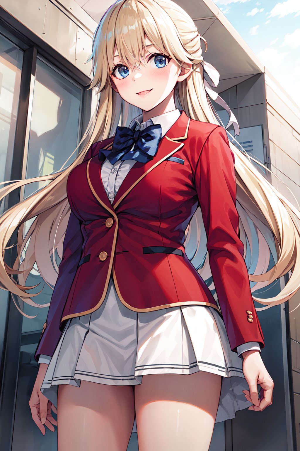 masterpiece, best quality, highres, 1girl, solo, long hair, blonde hair, hair ribbon, bangs, blue eyes, blue bowtie, collared shirt, blazer, red jacket, long sleeves, pleated skirt, white skirt, <lora:nanase_tsubasa_v1:0.7>, standing, cowboy shot, outdoors, smile