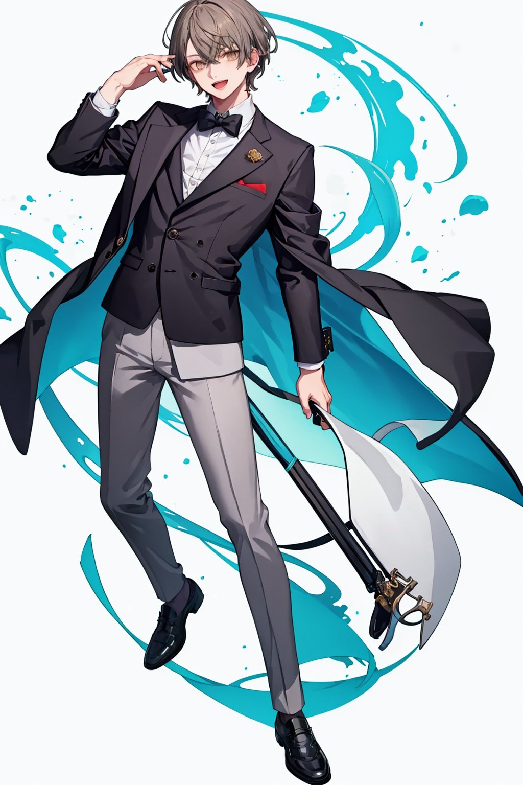 masterpiece,best quality, highly detailed, 1boy,collared shirt,kagami hayato,long sleeves,male focus,solo,virtual youtuber,white shirt,black jacket,formal,looking at viewer,dress shirt,:d,open mouth,suit,black footwear,full body,upper body,white background,closed mouth,grey pants,hand up,shoes,<lora:kagami_hayato:1>