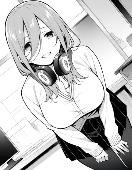 score_9, score_8_up, score_7_up, source_anime,mikunakano, <lora:miku-nakano-manga-ponyxl-lora-nochekaiser:1>,miku nakano, long hair, bangs, shirt, hair between eyes, headphones, headphones around neck, monochrome, greyscale,skirt, shirt, long sleeves, white shirt, pantyhose, pleated skirt, black pantyhose, cardigan,indoors, classroom, bent over, smile,looking at viewer, cowboy shot, dutch angle, solo, mature female,