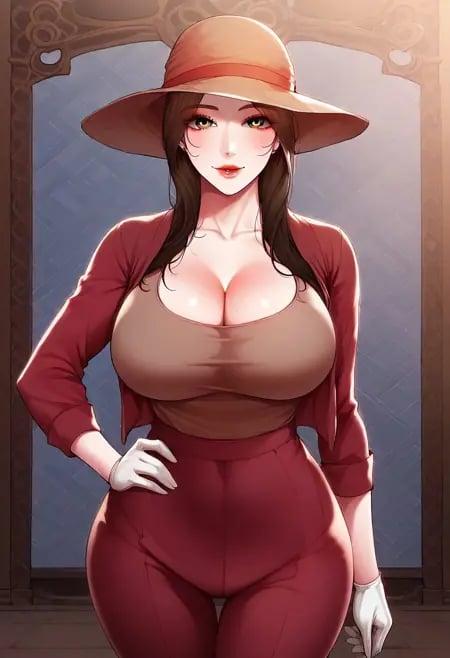 score_9, score_8_up, score_7_up, ASCII masterpiece, source_anime, BREAK, 1girl, solo, (( <lora:cho_mi-kyung:1> , cho_mi-kyung, thin waist, wide hips, beautiful skin, beautiful brown eyes, clear eyes, bright pupils, beautiful eyes, beautiful brown hair, huge and shaggy breasts, natural beauty, extraordinary beautiful woman, attractive woman, super sexy woman, lustful body, sexy woman with seductive obscene body, sensual body, voluptuous body, sexy beauty, most beautiful milf, no piercings, no piercing, makeup, )), uncensored, very detailed, high detailed texture, looking at viewer, standing, posing, sassy pose, korean mountain village background, detailed background, ((sexy brown top, obscene cleavage, huge cleavage, pink bra under top, white gardener gloves, red sport jacket, red sport trousers, korean brown gardener hat, brown farmer sunbonnet, ))