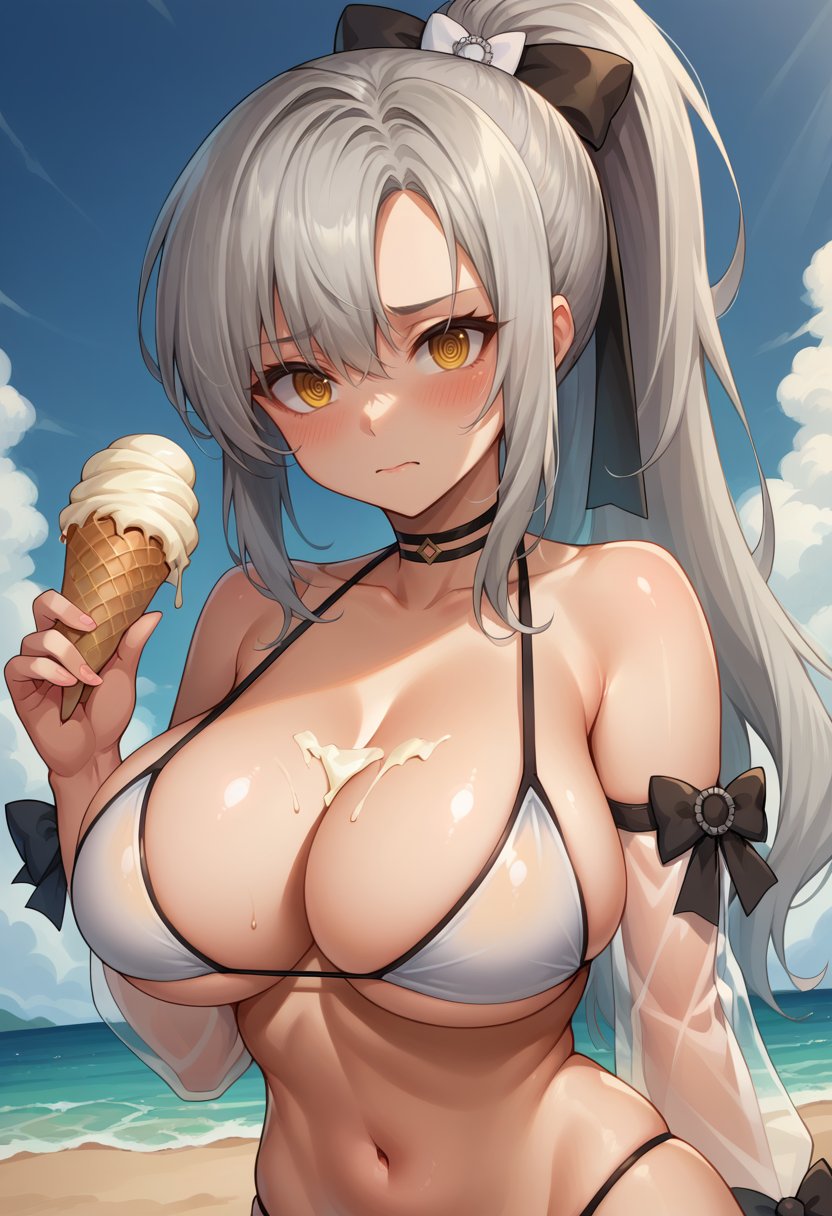 score_9,score_8_up,score_7_up BREAK 1girl,jelodktghr,solo,beach,holding ice cream,ice cream on breasts,grey hair,ponytail,hair bow,yellow eyes,choker,white bikini,detached sleeves,see-through sleeves,black bow,looking at viewer,embarrassed,spiral eyes,<lora:Drake-JeloXL-000008:1>,