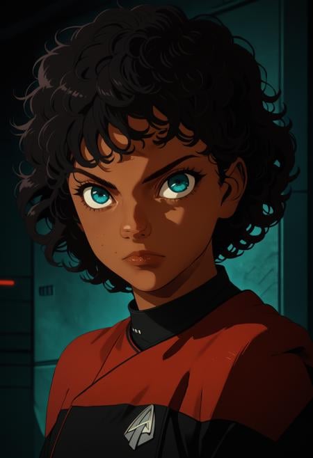 score_7_up, kabrudm,solo, short hair, black hair, curly hair, blue eyes, dark skinpcdst,Star trek uniform,red,red shoulders,black jumpsuit,<lora:PicardPony-000050> <lora:Kabru__Dungeon_Meshi_Pony:0.8>, <lora:Kenva_Enhanced:0.8><lora:Kenva:0.8>