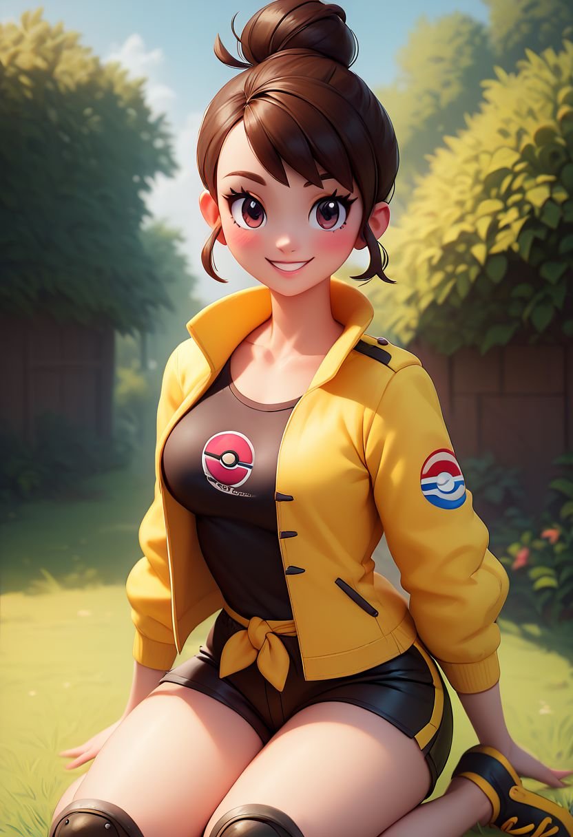 score_9, score_8_up, score_8, medium breasts, (curvy), cute, eyelashes, gloria (pokemon),gloriaDojo, yellow jacket, black shirt, black shorts, knee pads,  short hair, single hair bun, collarbone, upper body, outdoors, kneeling, smile, blush,sunny day