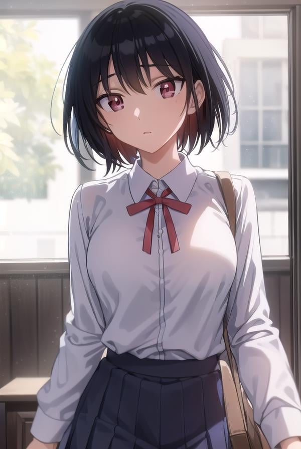 yakumotsukamoto, <lora:yakumo tsukamoto s2-lora-nochekaiser:1>,yakumo tsukamoto, short hair, black hair, (red eyes:1.3),BREAK skirt, shirt, long sleeves, bow, ribbon, school uniform, white shirt, pleated skirt, collared shirt, bowtie, red ribbon, neck ribbon, red skirt,BREAK indoors, classroom,BREAK looking at viewer, (cowboy shot:1.5),BREAK <lyco:GoodHands-beta2:1>, (masterpiece:1.2), best quality, high resolution, unity 8k wallpaper, (illustration:0.8), (beautiful detailed eyes:1.6), extremely detailed face, perfect lighting, extremely detailed CG, (perfect hands, perfect anatomy),