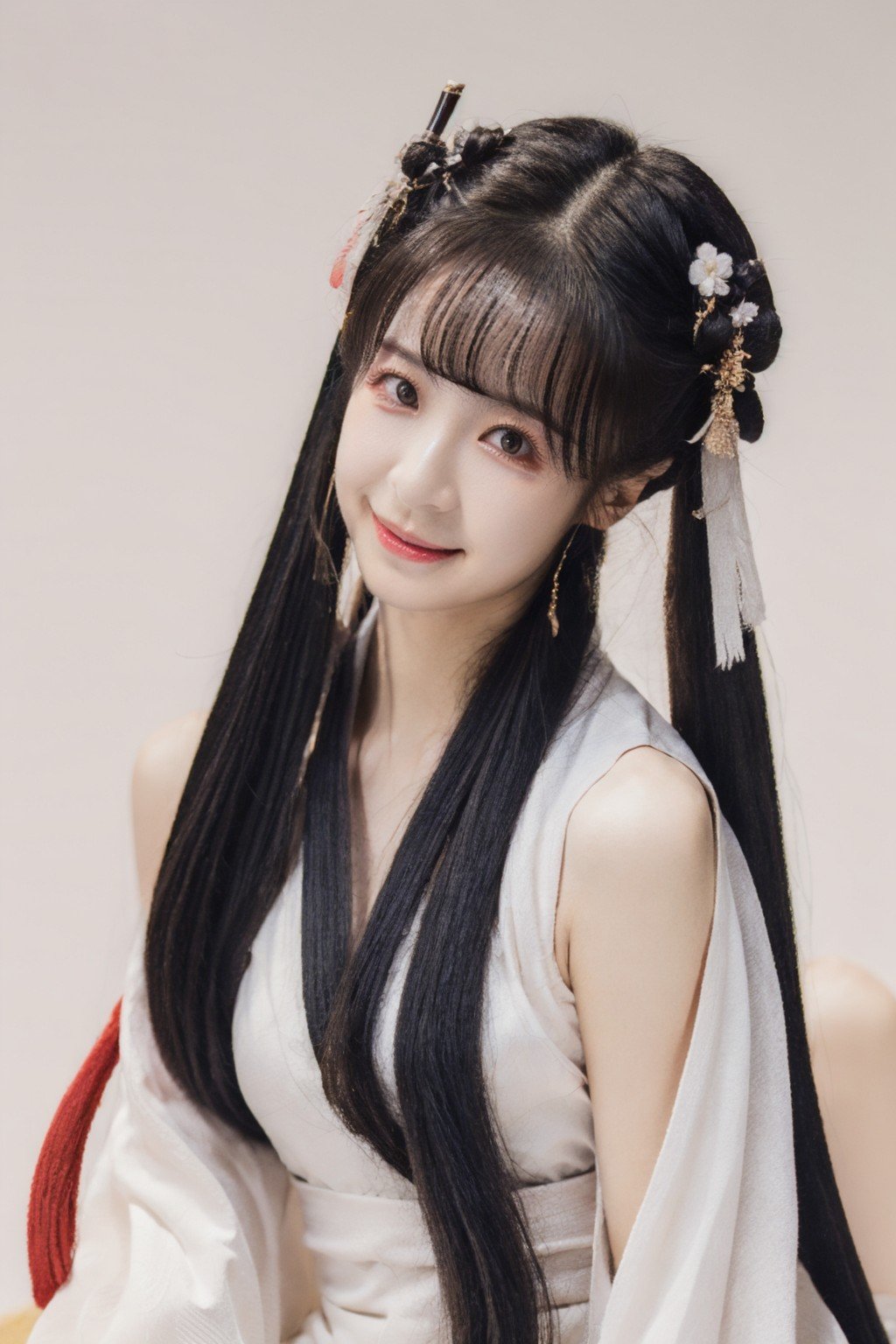 1girl, solo, medium breasts, looking at viewer, realistic, photorealistic, smile, black hair, bangs, hyper detailed, super sharp, crisp, smooth, smooth gradients, depth of field, (in studio: 1.1), (white background: 1.1), (sfw), <lora:ziyan:1>, <lora:breastsizeslideroffset:-0.4>, <lora:skin_slider_v2_1_FACE:0.5>, <lora:add_detail_v5:1>, (hanfu: 1.1)