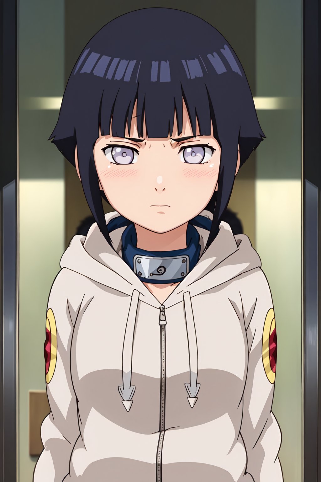 hinata, 4k, absurd, high resolution, very high resolution, high definition, masterpiece, anime_source, short hair, black hair, no pupils, blunt bangs, shiny hair, white eyes, hoodie, hood down, long sleeves, pants capri,hands behind back, blush, disgusted, upper body, arms in V, embarrassed, blushing<lora:EMS-383008-EMS:0.800000>