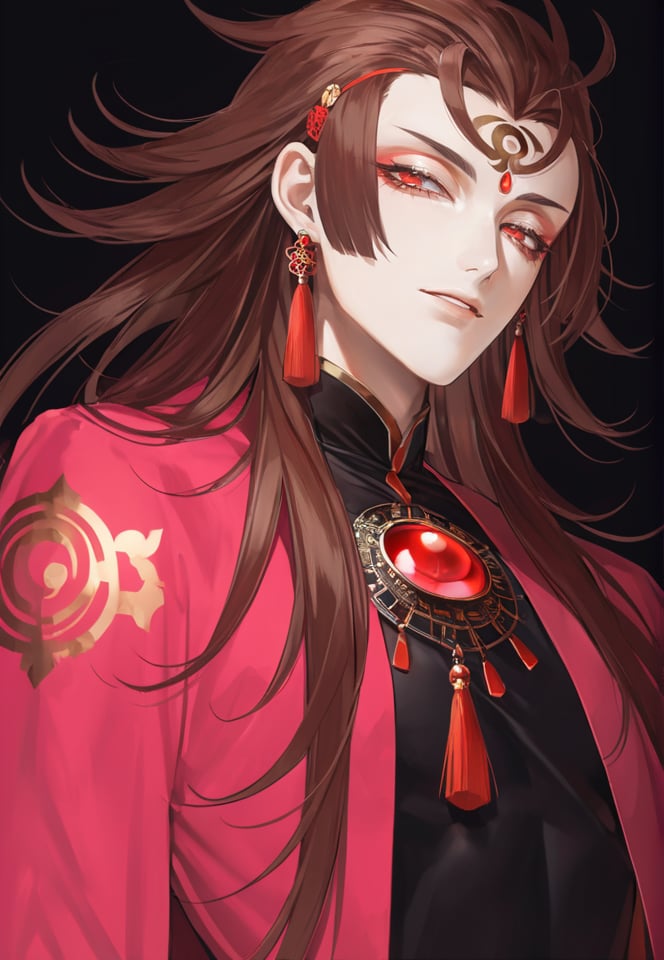 (best quality), ((masterpiece)), (highres), illustration, original, extremely detailed,   <lora:邪恶美学:0.7>solo, 1boy, long hair, male focus, upper body, brown hair, parted bangs, bangs, third eye, forehead jewel, facial mark, long sleeves, black background, chinese clothes, looking at viewer, red eyes, pink eyes, forehead mark, wide sleeves, parted lips