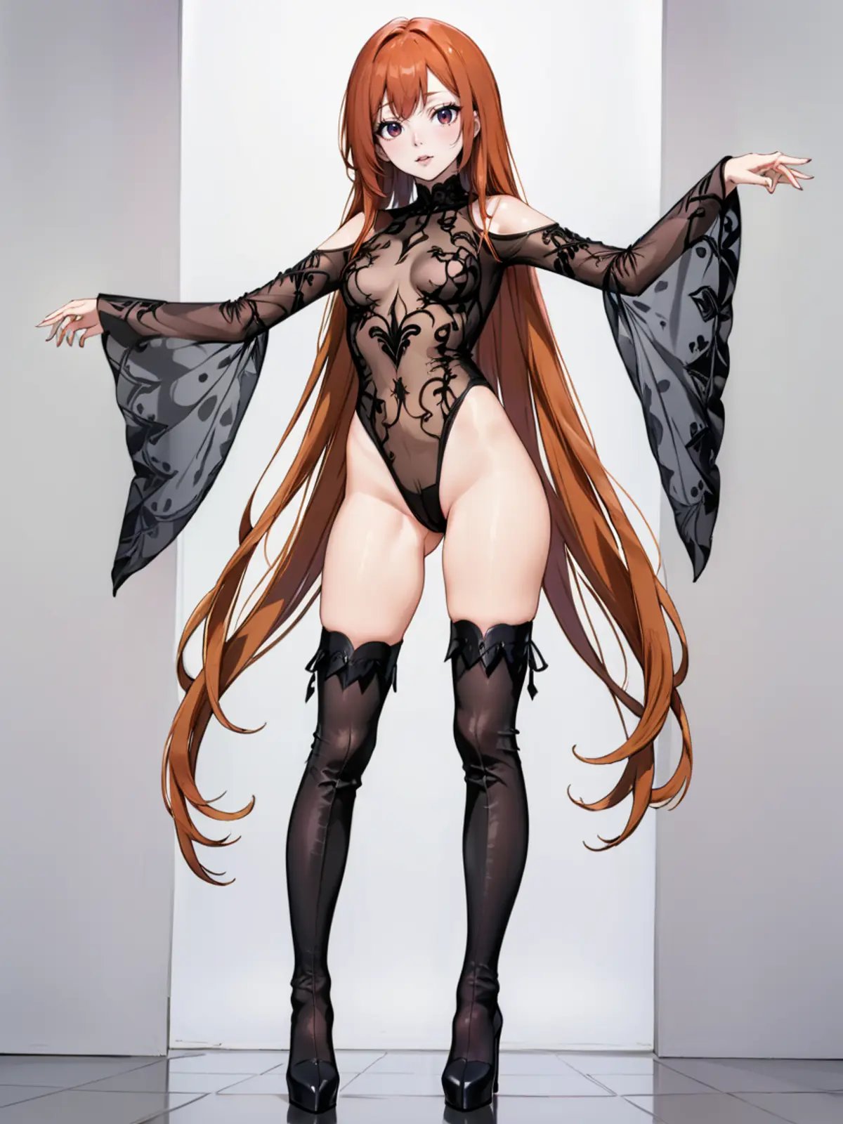 1girl, long hair, ginger hair, <lora:g0thsh33rb0dysu1tXL:0.6> g0thsh33rb0dysu1t, thigh boots, see-through leotard, wide sleeves, long sleeves, full body, 