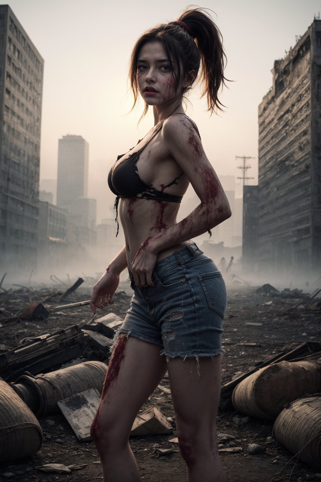 masterpiece, (best quality:1.4), 1girl, large breasts, ponytail, (ragged) clothes, torn clothes, post-apocalypse, survivor, despair, (zombie:1.2), blood, mysterious fog, collapsed skyscraper, looking at viewer,