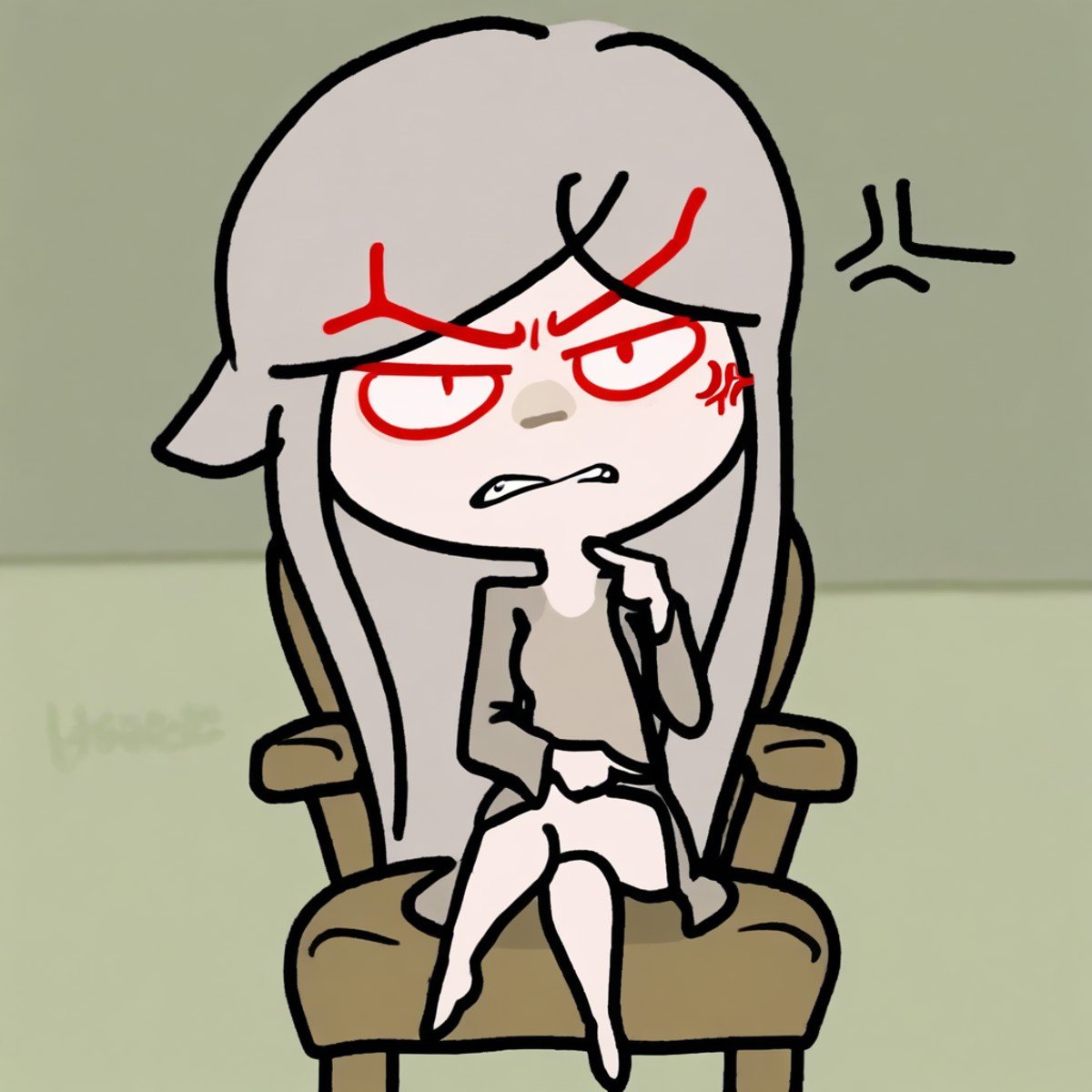 Susie, sitting in chair, looking at viewer, angry, pointing at face