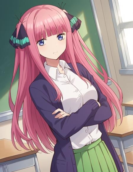 score_9, score_8_up, score_7_up, source_anime,ninonakano, <lora:nino-nakano-s1-ponyxl-lora-nochekaiser:1>,nino nakano, long hair, bangs, blue eyes, hair ornament, hair ribbon, pink hair, blunt bangs, two side up, butterfly hair ornament, mature female,skirt, shirt, long sleeves, white shirt, pleated skirt, open clothes, collared shirt, sleeves past wrists, dress shirt, cardigan, green skirt, open cardigan, black cardigan,indoors, classroom, crossed arms,looking at viewer, cowboy shot, dutch angle, solo,