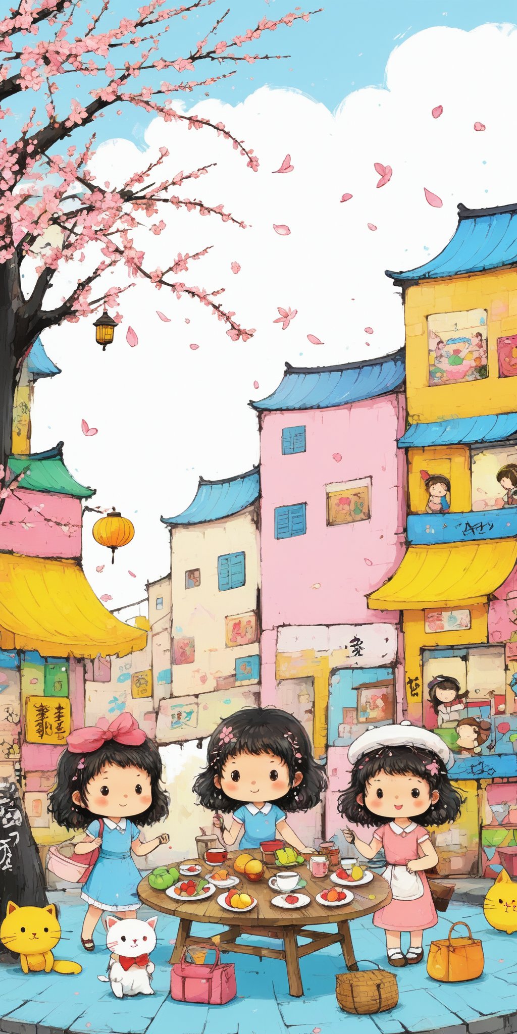 Masterpiece, best quality, ultra-high resolution, multiple girls, hand fan, food, 4Girls, fruit, black hair, sitting, hat, cup, paper fan, bag, dress, table, pants, cherry blossom, lantern, colorful theme,Graffiti