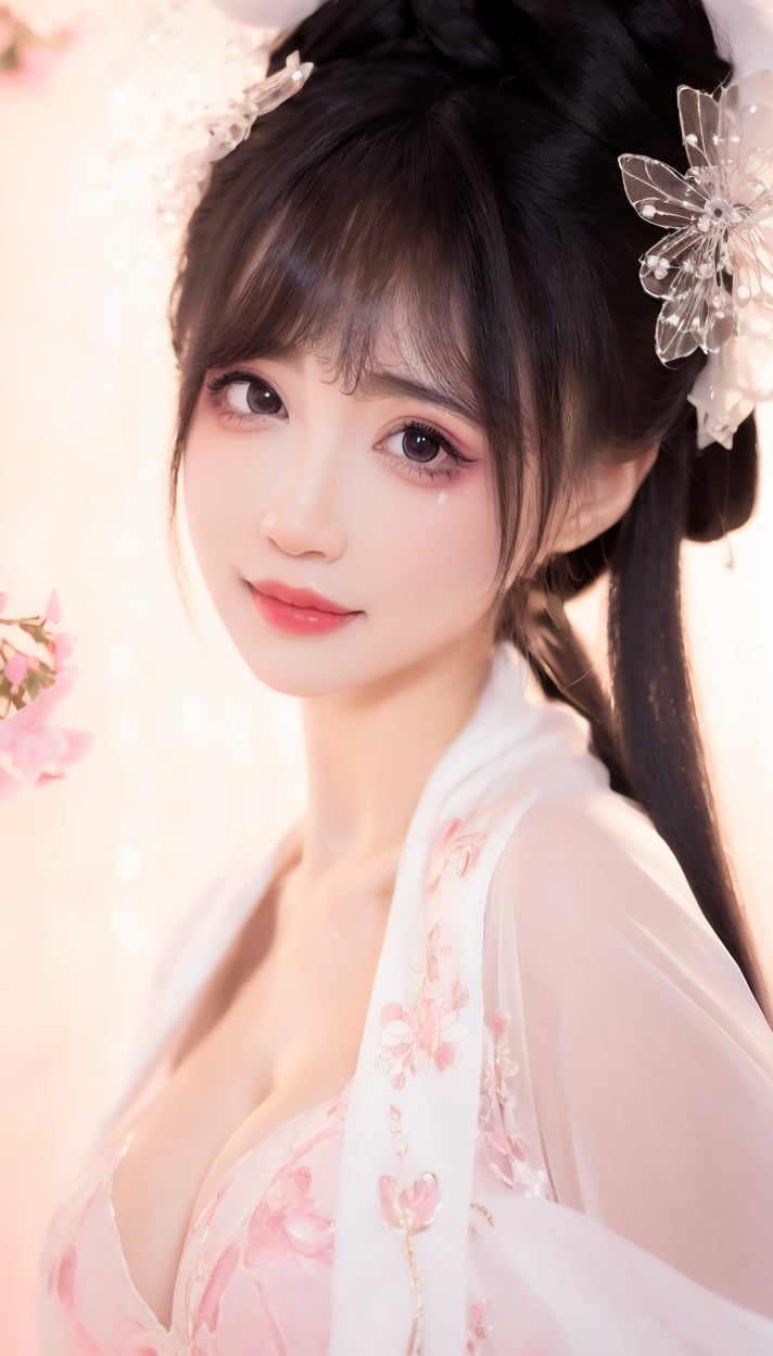 (1girl),ray tracing,(photorealistic:1.4),illustration.media of a hanfugirl,hanfu,make happy expressions,gorgeous,beautyfull detailed face and eyes,large breasts,beautyfull intricacy clothing decorative pattern details,colorful,wallpaper,Megapixel,highres,Intricate details,ultra detailed,8k,masterpiece,best quality,Cute,Sweet,Innocent,Playful,Girlish,Soft,Pastel,<lora:中国风仙气蝴蝶宋制汉服V1:0.8>,Lovely,Cheerful,Charming,Kawaii,Sparkling,Whimsical,Adorable,Dreamy,Delicate,(Pink)(Under the cherry tree),(cleavage:1.2),