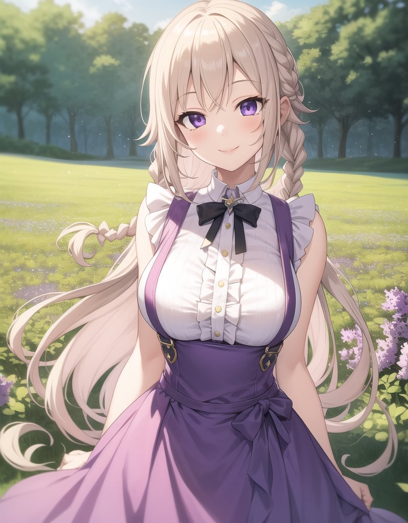 masterpiece,best quality,1girl,field of lilac,looking at viewer,violet eyes,princess,upper body,braids,light blonde hair,long hair,suspenders,long white fancy dress,frills,smile