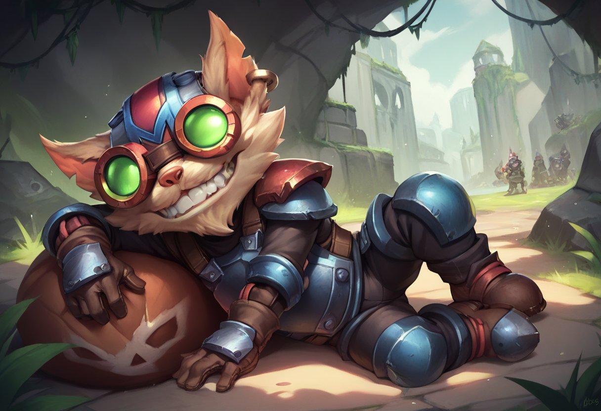 ,score_9, score_8_up, score_7_up, score_6_up,z1ggs, 1boy, male focus, yordle,armor, goggles, helmet, gloves, brown gloves,  <lora:Ziggs_Default_v1:0.9>,on side 