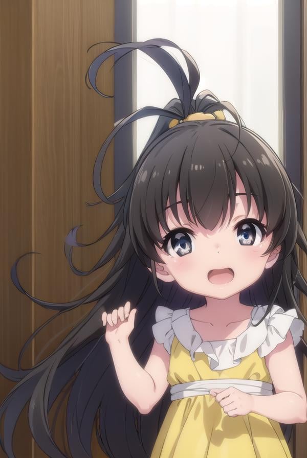 hinatakanashi, <lora:hina takanashi s1-lora-nochekaiser:1>,hina takanashi, long hair, black hair, (black eyes:1.3), ponytail, antenna hair, child, smile, open mouth,BREAK dress, yellow dress, short sleeves,BREAK indoors,BREAK looking at viewer, (cowboy shot:1.5),BREAK <lyco:GoodHands-beta2:1>, (masterpiece:1.2), best quality, high resolution, unity 8k wallpaper, (illustration:0.8), (beautiful detailed eyes:1.6), extremely detailed face, perfect lighting, extremely detailed CG, (perfect hands, perfect anatomy), 